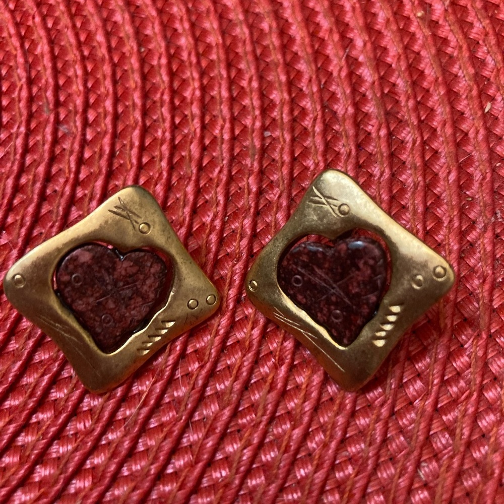 Bundle 5, get 20% off - Satin Brass Earrings with Rusty Red Heart Detail